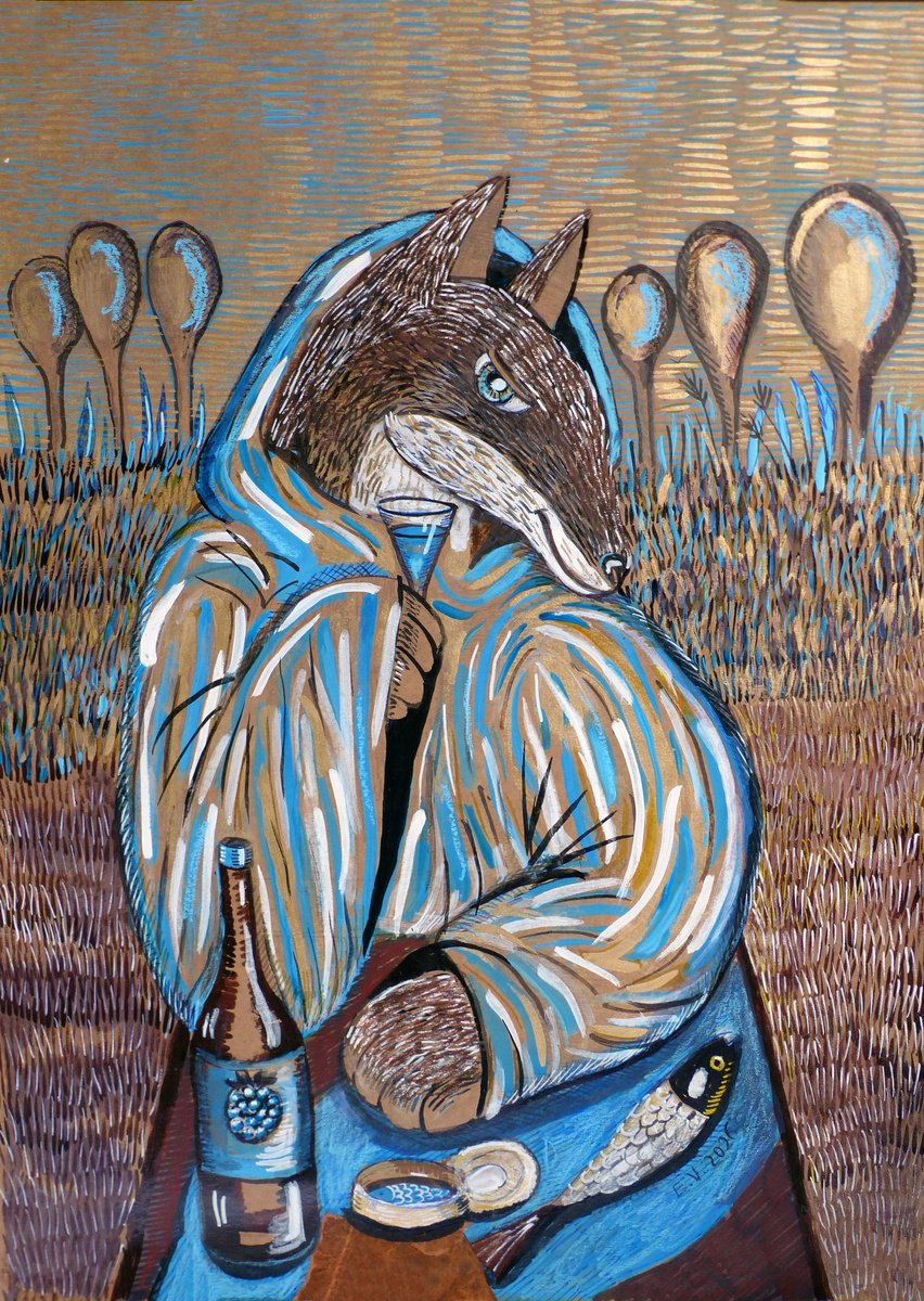 Surrealistic Painting , Fish Before Him By Elizabeth Vlasova, 20 X 27, Artwork For Sale On Artfinder