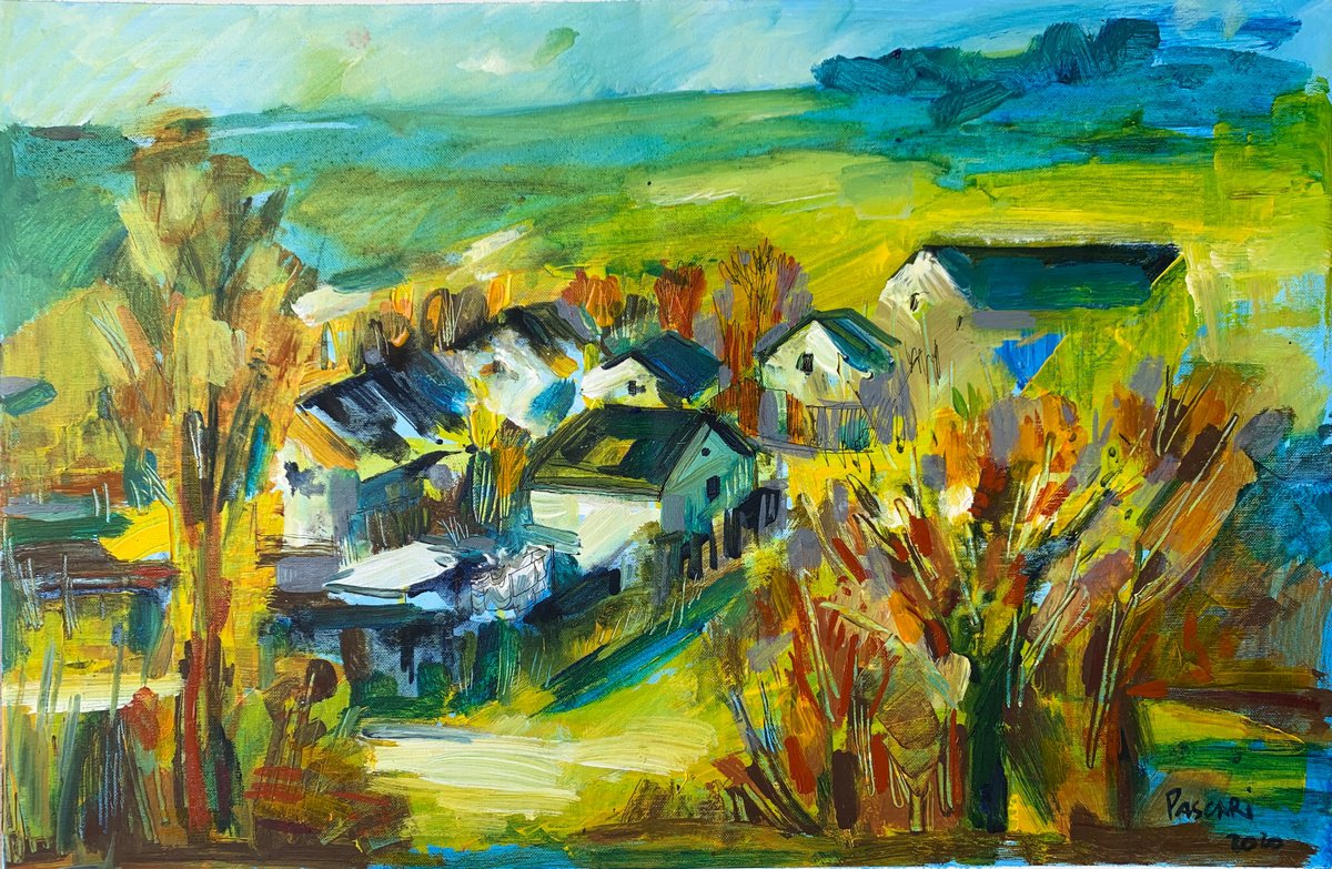 Impressionistic Landscape Acrylic Painting By Olga Pascari, 28 X 18", Urban Landscape, Original Artwork