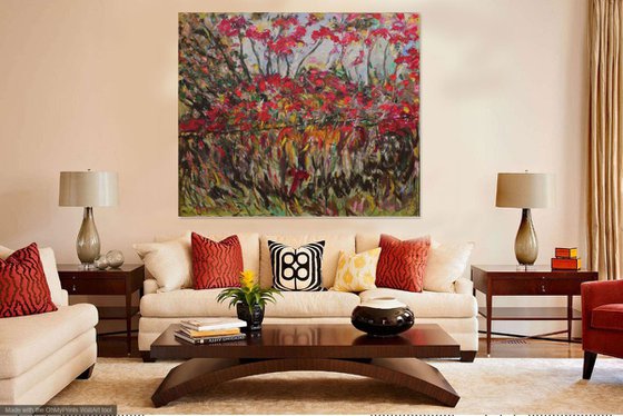 CHARMING AUTUMN COLOURING - XL large landscape painting original, oil on canvas, red autumn, interior art home decor 170x200