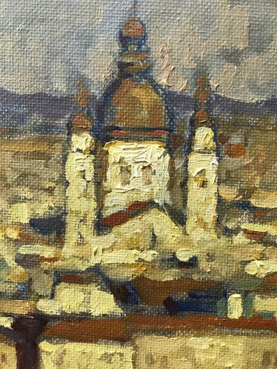 Original Oil Painting Wall Art Signed unframed Hand Made Jixiang Dong Canvas 25cm × 20cm Cityscape Golden Budapest Small Impressionism Impasto