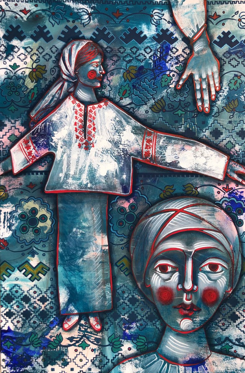 Naive Portrait Acrylic Painting By Yuliia Chaika, 24 X 35", - I Am” Big Blue Contemporary, Original Artwork