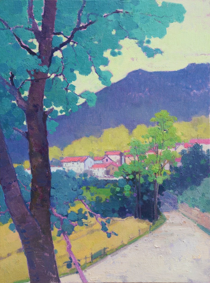 Impressionistic Landscape Oil Painting By Jianzhe Chon, 24 X 31, Landscape Oil Painting:big Trees In Front The Village 111, Artfinder