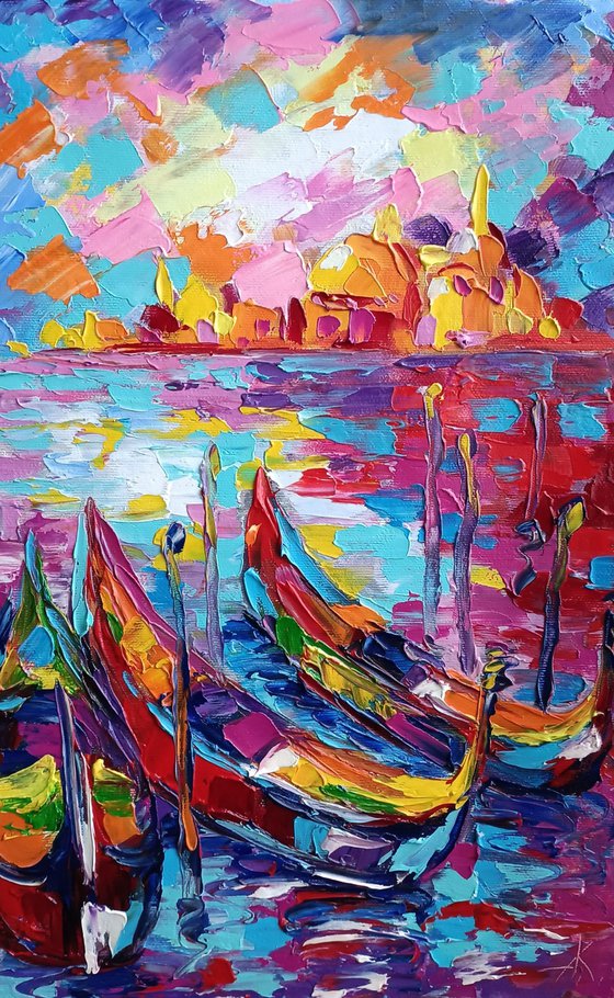 Sunset in Venice - painting cityscape, sunset, Italy, cityscape Venice, gondolas in Venice, evening Venice, landscape, oil painting, street scenery, oil painting, impressionism, city, gift