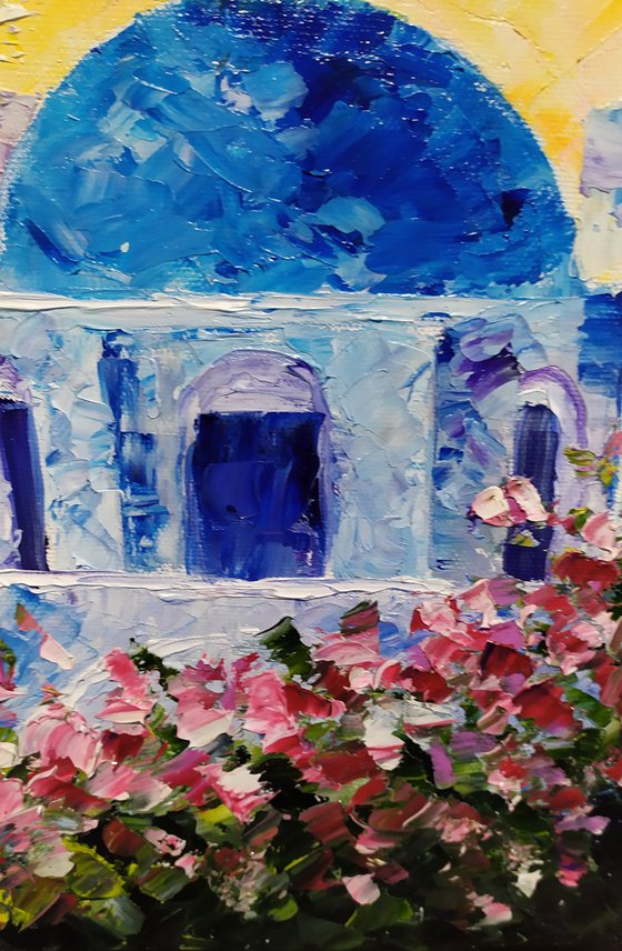 Santorini, original Greece oil painting, small gift, bedroom painting