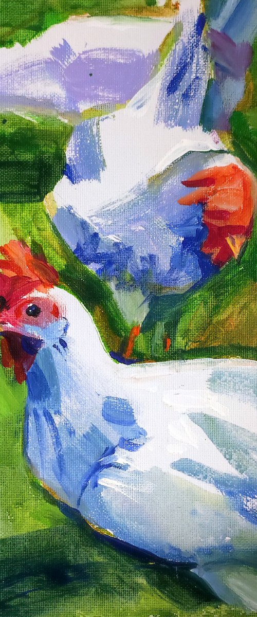 White Chickens. Acrylic Painting. by Natalia Miasnikova