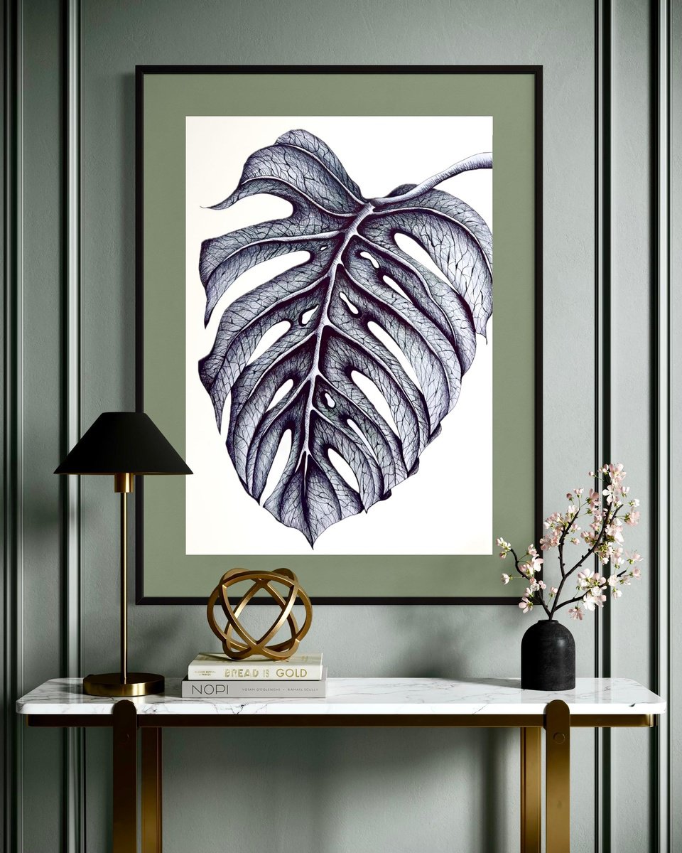 Illustrative Botanical Ink Drawing By Maria Tuzhilkina, 11 X 17", Single Monstera Leaf, Original Artwork