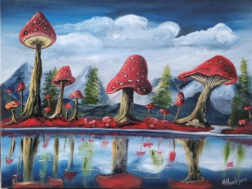 Mushroom Mirror 24"×18" oil on canvas, red mushroom landscape by Hayley Huckson