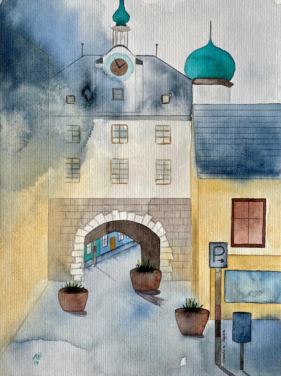 Illustrative Cityscapes Watercolour By Alona Hryn, 9 X 13, The Inn Valley Pearl, Original Artwork
