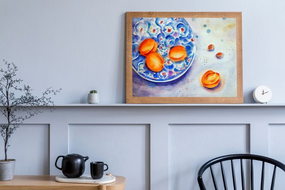 Still life with apricots on a turkish plate - original watercolor turquoise patterns