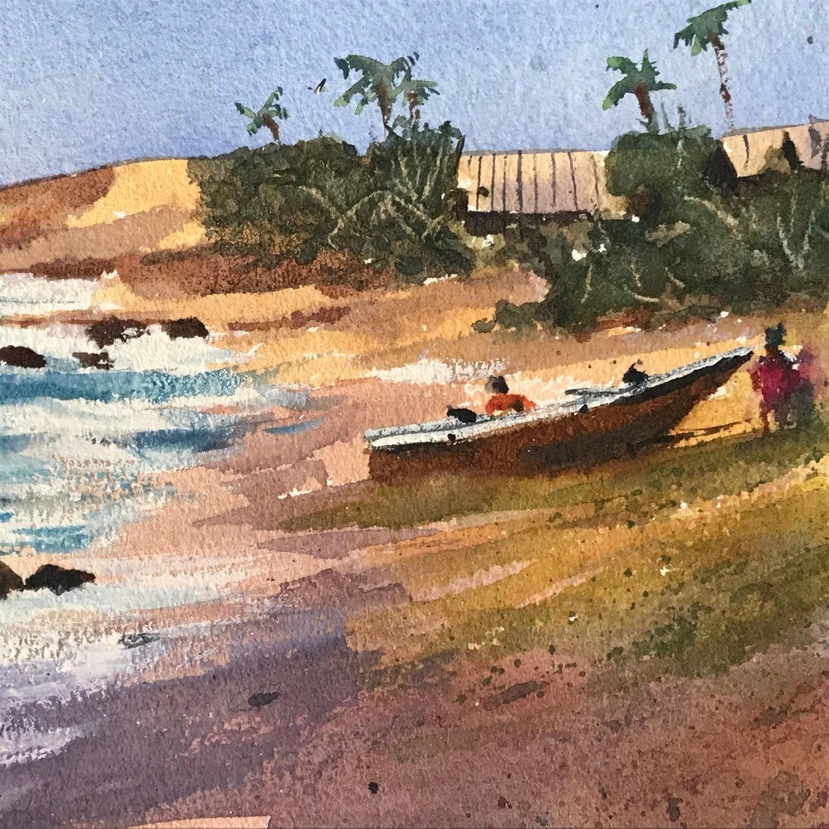 Impressionistic Landscape Watercolour By Vicki Washbourne, 9 X 9", Sri Lanka Fishing Village, Original Artwork