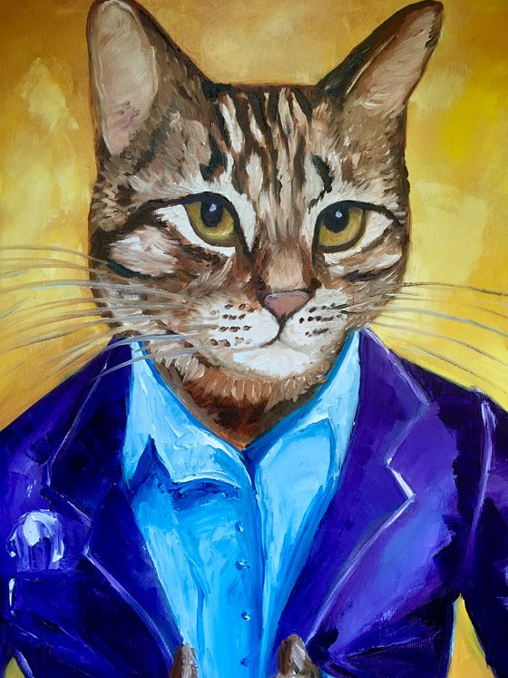 Troy The  Cat, dressed smart,   oil painting for cat lovers