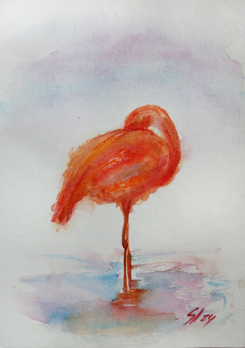 Animal Watercolour By Salana Art / Svetlana Samovarova, 6 X 8", Flamingo, Original Artwork