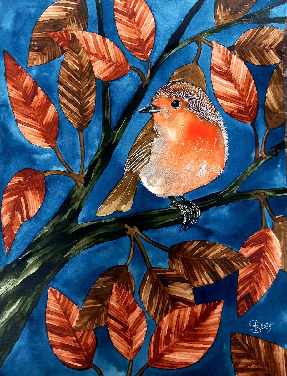Illustrative Animal Painting By Terri Smith, 9 X 12", Autumn Robin, Original Artwork