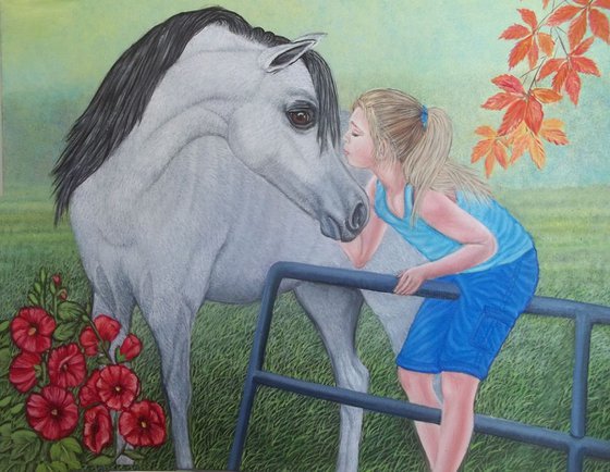 original oil painting "Soft touch" Girl and White horse size 20" x 16"