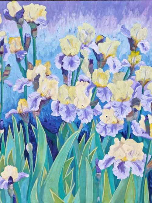 Yellow And Purple Irises by Zulfiya Mukhamadeyeva