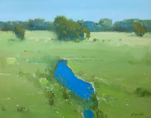 Summer View, Landscape oil painting, Handmade artwork, by Vahe Yeremyan