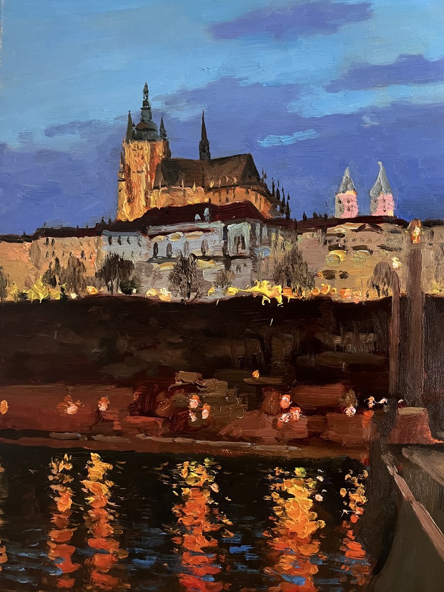 Impressionistic Cityscapes Oil Painting By Evgeniia Mekhova, 12 X 16, Prague At Night, Original Artwork