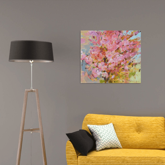 Cherry blossom Sakura . 70х80 cm. Blooming tree . Large spring impressionistic oil painting .