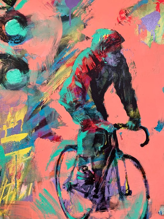 Bright painting - "City cyclist" - Urban Art - Pop Art - Bicycle - Street Art - Pink&Green - City - Street scene