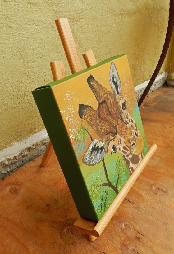 Giraffe Wildlife Original Art Painting-8 x 8 Inches Deep Set Stretched Canvas-Carla Smale