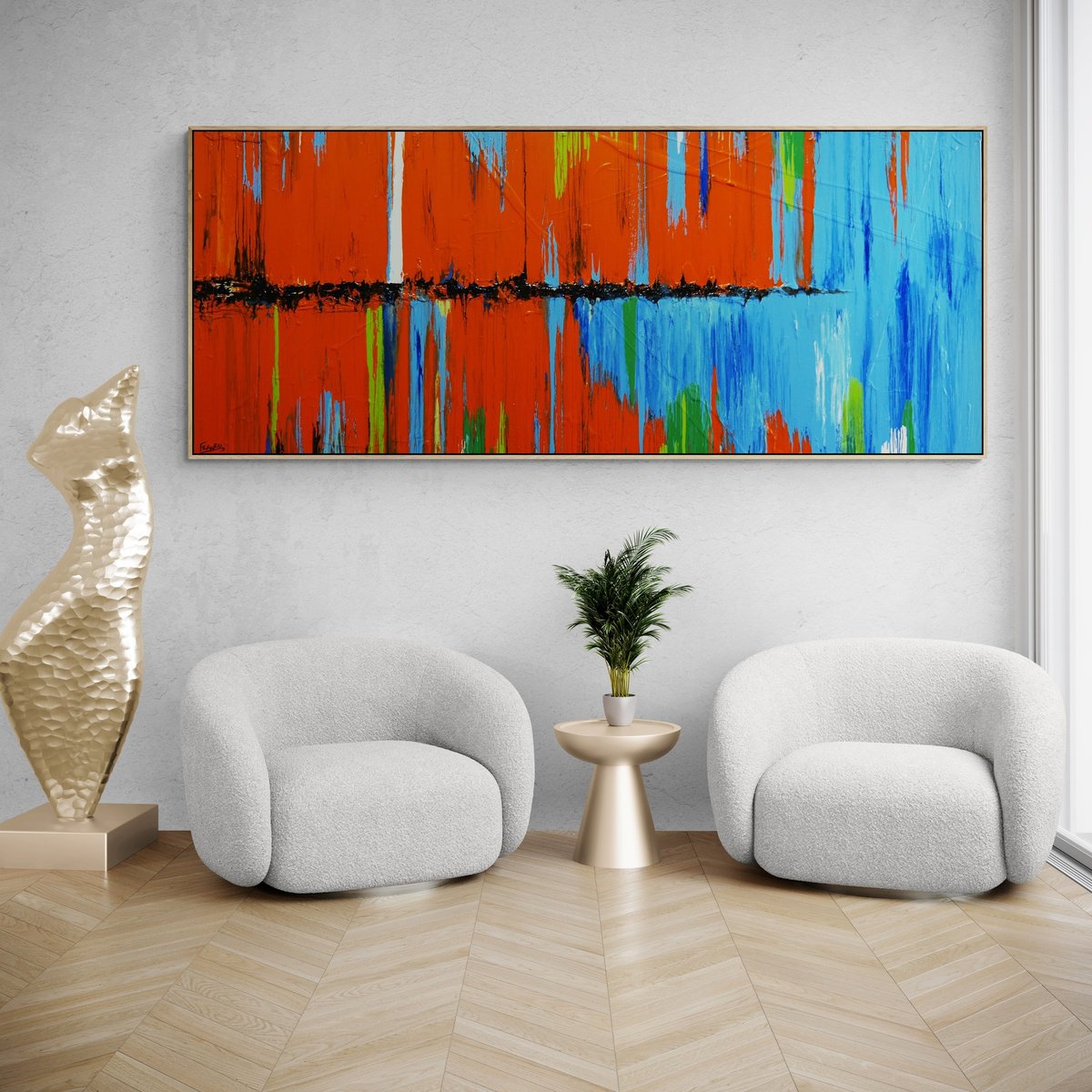 Abstract Acrylic Painting By Franko, 94 X 39, Blue Boulevard, Original Artwork