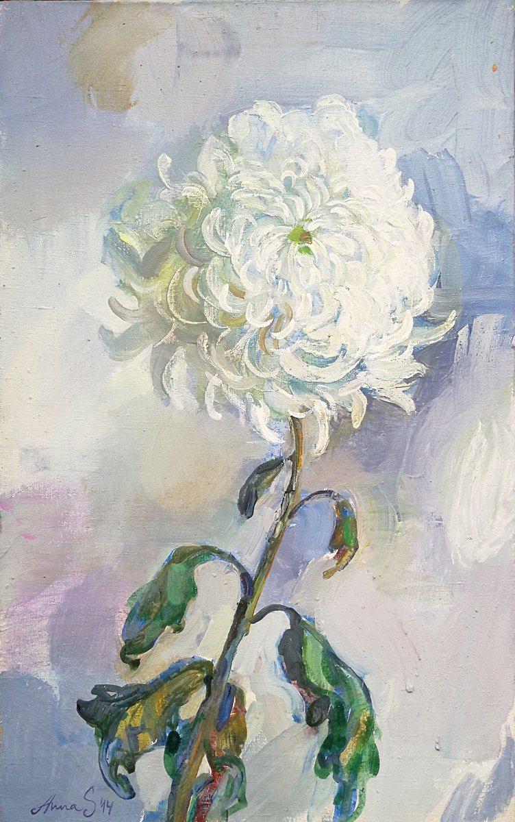 Impressionistic Botanical Acrylic Painting By Anna Silabrama, 20 X 31, - White Chrysanthemum - ?, Original Artwork