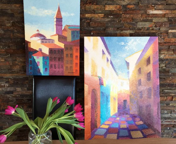 "Sunny day in a colorful city"