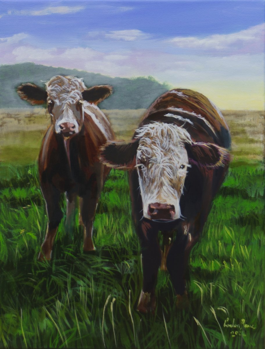 Impressionistic Animal Oil Painting By Gordon Bruce, 12 X 16, Two Cows, Original Artwork