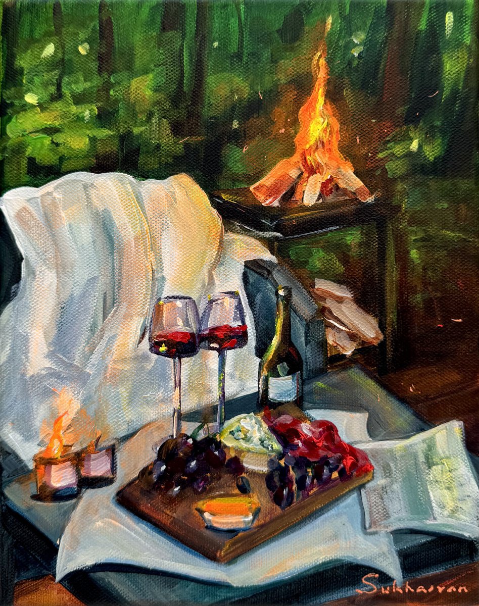 Impressionistic Landscape Acrylic Painting By Victoria Sukhasyan, 8 X 10", Cozy Evening By The Fire, Original Artwork
