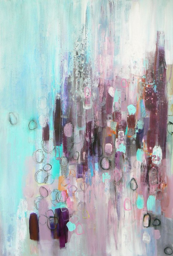 Sweet nothings original abstract painting in pinks, purples and turquoise.