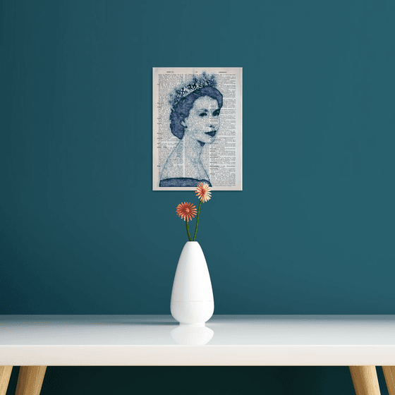 Queen Elizabeth II - Collage Art on Large Real English Dictionary Vintage Book Page