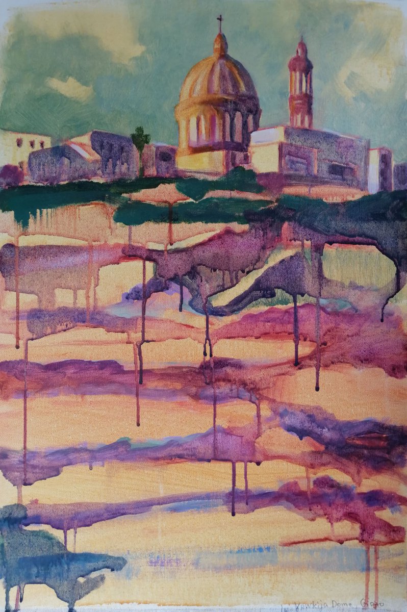 Urban And Pop Cityscapes Acrylic Painting By Olga David, 16 X 24", Terrace Garden In Malta, Original Artwork