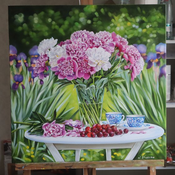 Peonies and Cherries in the Garden