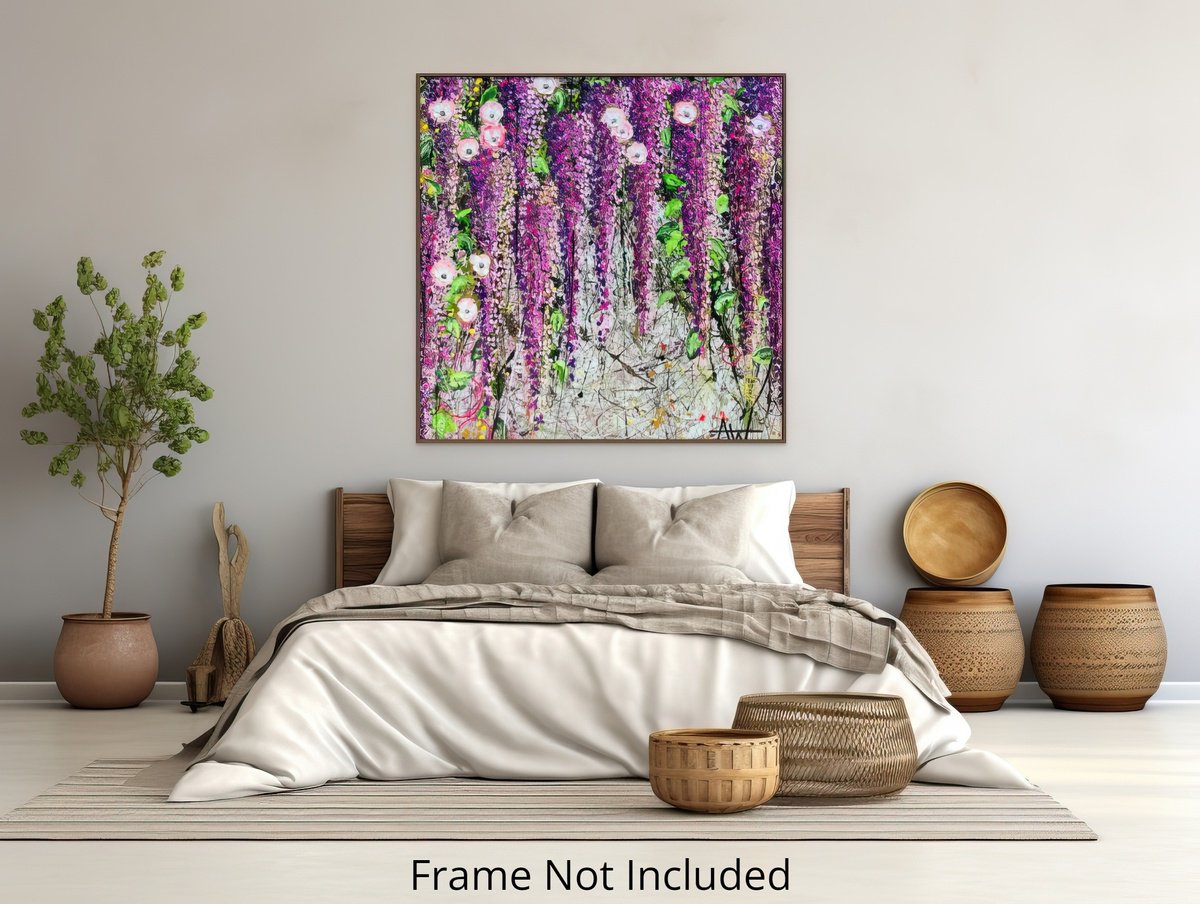 Expressive Botanical Oil Painting By Angie Wright, 47 X 47, Wild Wisteria, Original Artwork