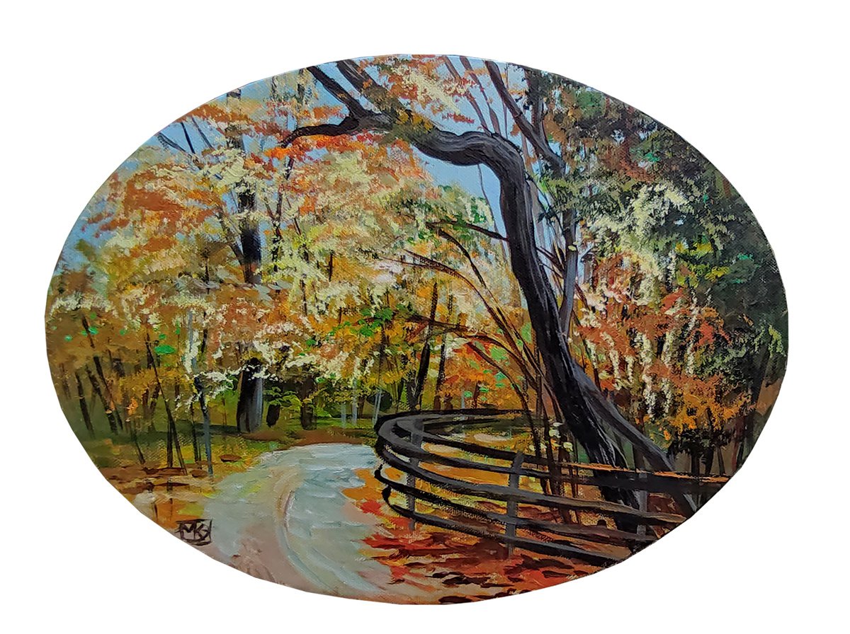 Impressionistic Landscape Acrylic Painting By Maria Kireev, 16 X 12", Autumn Alley, Original Artwork