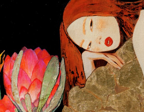 Redhead fairy and golden pangolin / Painting by Anastasia Balabina