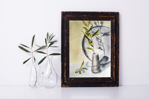 The olives branch - original watercolor gray and green - light and sunny by Delnara El