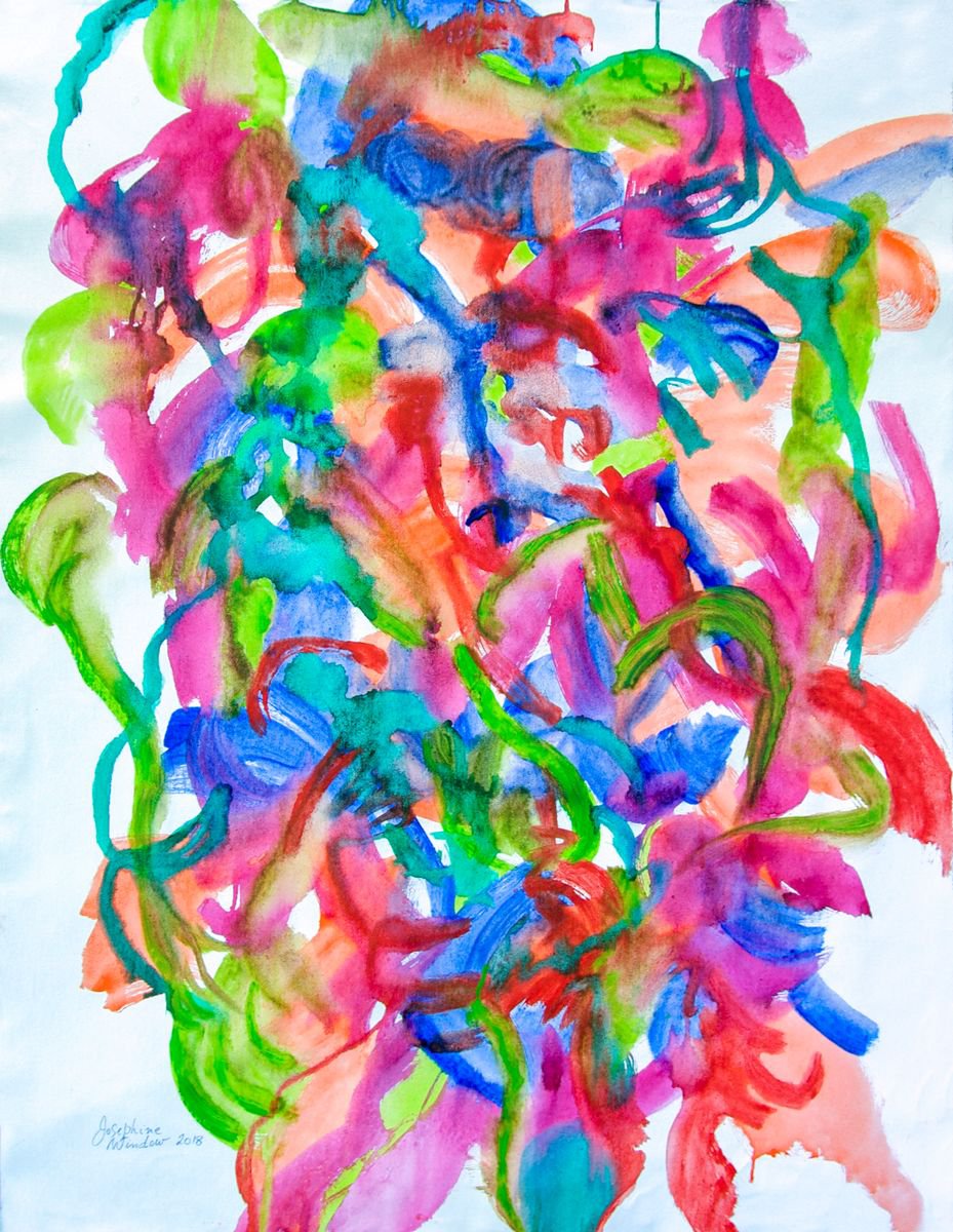 Expressive Abstract Acrylic Painting By Josephine Window, 35 X 45", Sudden Flower Dance, Original Artwork
