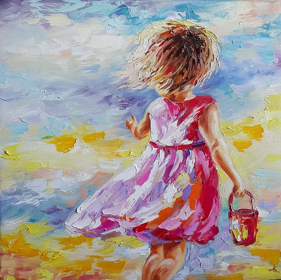 Good memories - childhood, child, oil painting, girl, little girl, happy childhood, children