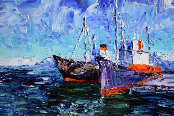 Palette knife oil painting Two Ships in Reykjavik port Iceland