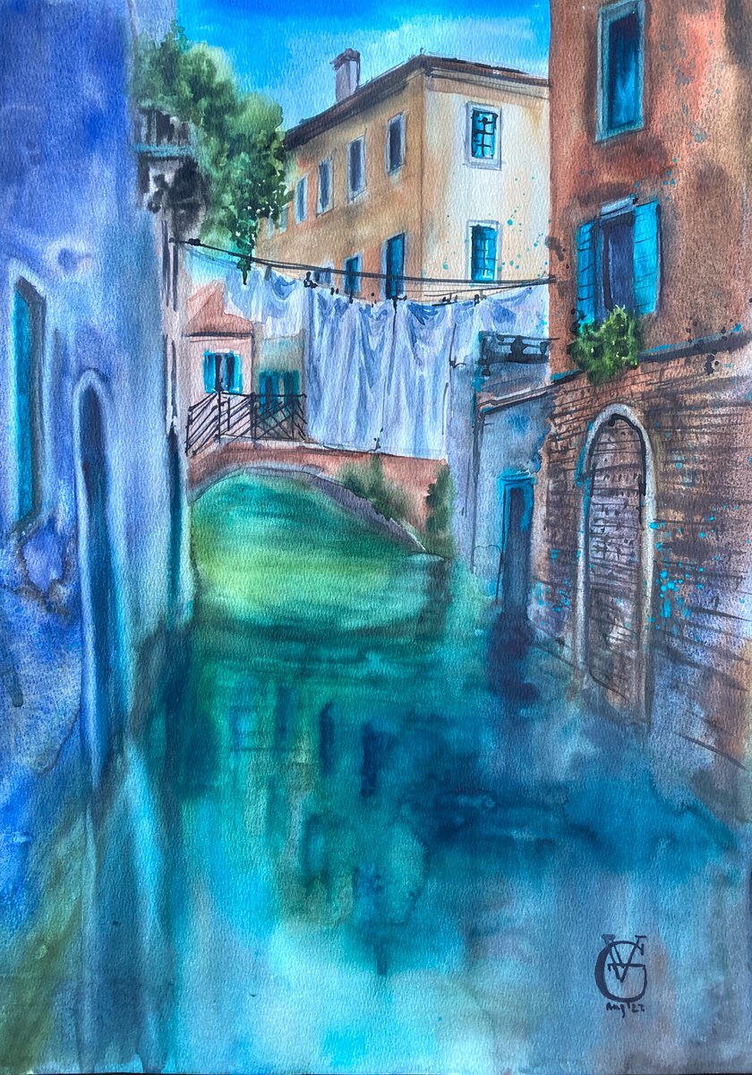 Impressionistic Cityscapes Watercolour By Valeria Golovenkina, 15 X 22", Venetian Canal 6, Original Artwork