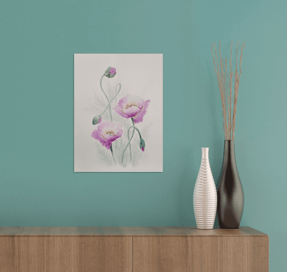 Pink poppies. Framed. Summer poppies watercolor painting