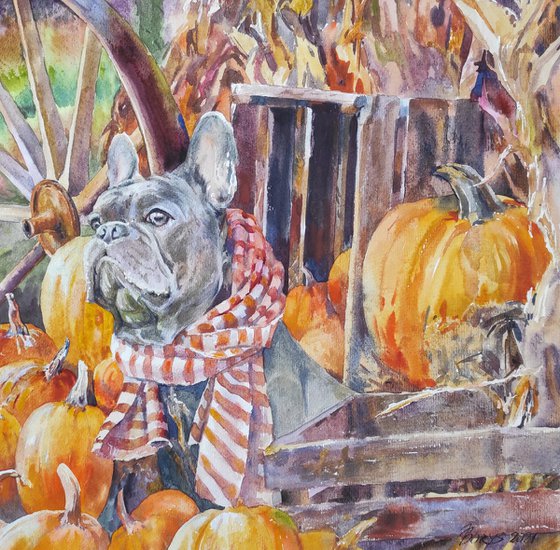 Dog - original autumn watercolor landscape, with an animal