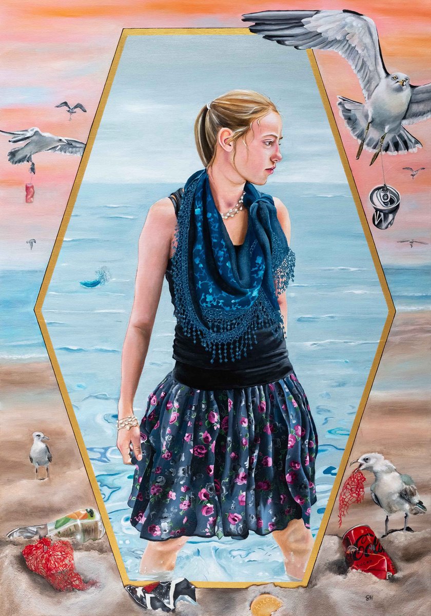 Surrealistic Portrait Acrylic Painting By Saskia Huitema, 30 X 41", Realms Xii- Return To Blues, Original Artwork