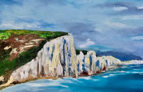 SEVEN SISTERS,   CLIFFS, SUSSEX , ENGLISH LANDSCAPE, OIL PAINTING. OFFICE URBAN WALL ART