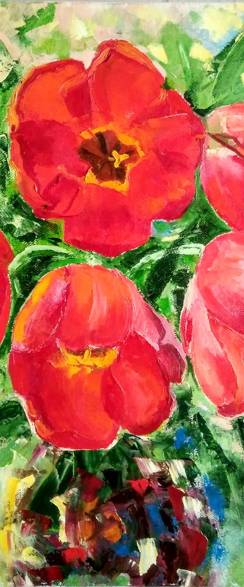 Spring bouquet Tulip Painting Floral Original Art Flower Artwork Bouquet Painting Canvas Wall Art 40x40 cm. by Yulia Berseneva