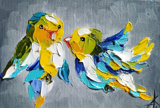 Little love -  birds, birds love, animals oil painting, art bird, Impressionism, palette knife, gift.