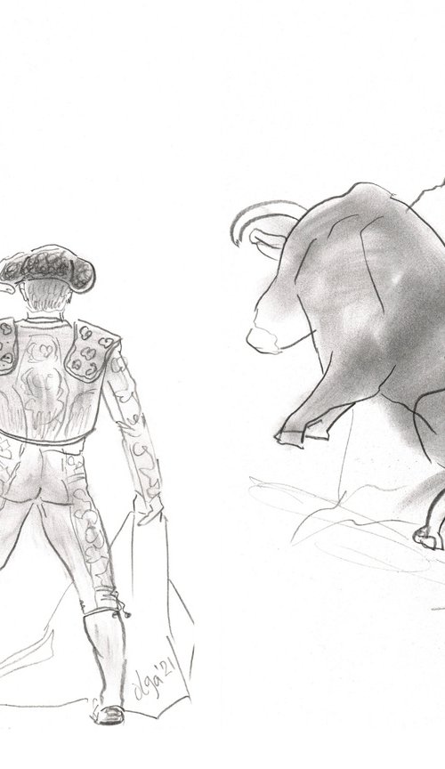 Diptych original drawings - Man and bull - Figure study - Charcoal pencil (2021) by Olga Ivanova