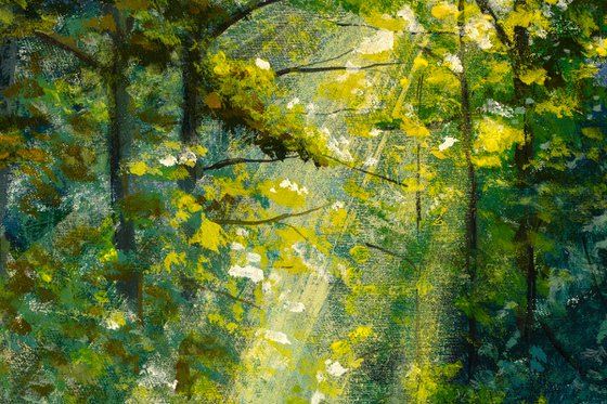 Painting green forest sunlight. Bright sun rays in forest shining on path through green trees sunny illustration.