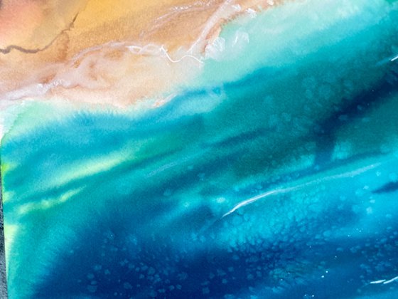 Ocean Original Watercolor Painting, Beach Wall Art, Coastal Landscape Artwork, Large Aerial Picture